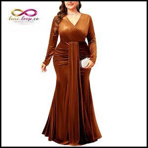 Plus Size Velvet Wrap Dress Long Sleeve V Neck Mermaid Maxi Formal Evening Gown